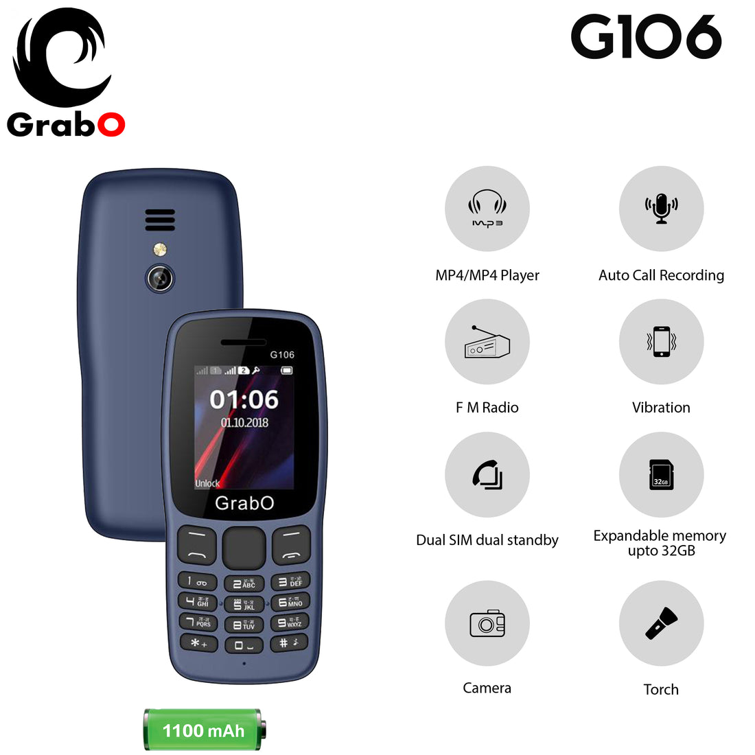 GRABO G106 1.8 Inch Display with 1000mAh Battery