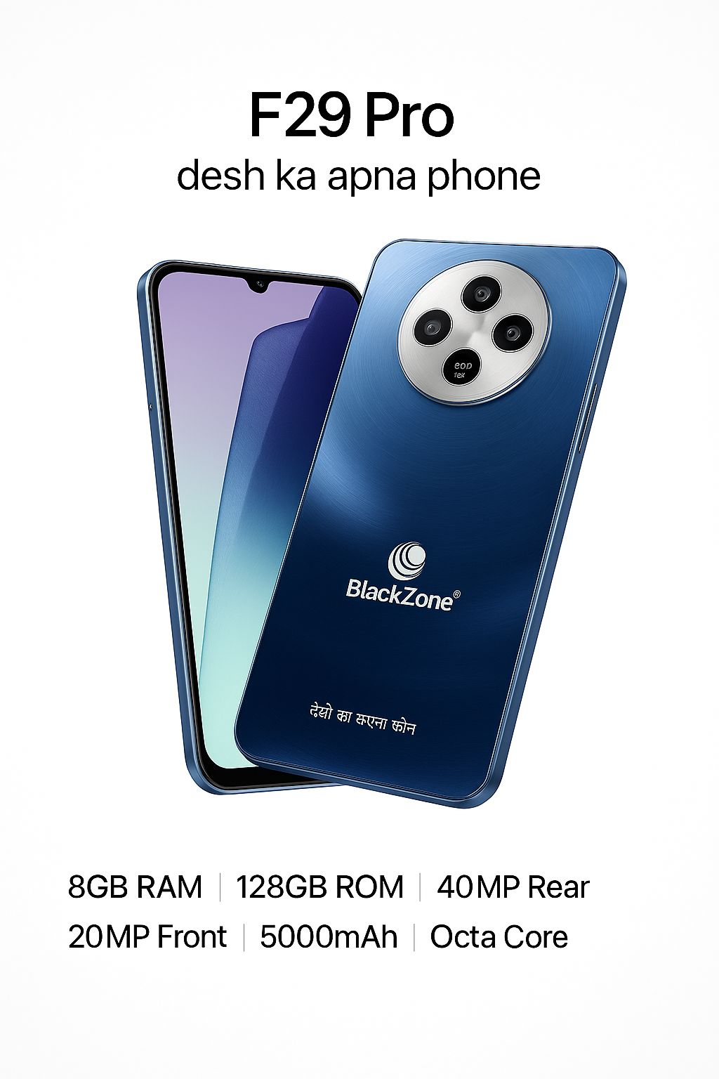 BlackZone F29 Pro – 8GB RAM + 128GB ROM | 6.74" HD Display | Android 14 | 40MP Rear + 20MP Front Camera | 5000mAh Battery | Side Fingerprint Unlock | Dual SIM 4G Smartphone