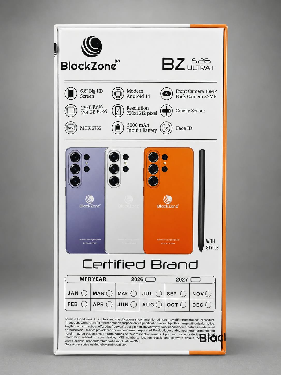 BlackZone BZS26 Ultra+ Smartphone – 6.8" Big HD Display, 12GB RAM, 128GB ROM, Android 14, 32MP Rear & 16MP Front Camera, 5000mAh Battery, MTK 6765 Processor, Gravity Sensor, Face ID, Stylus