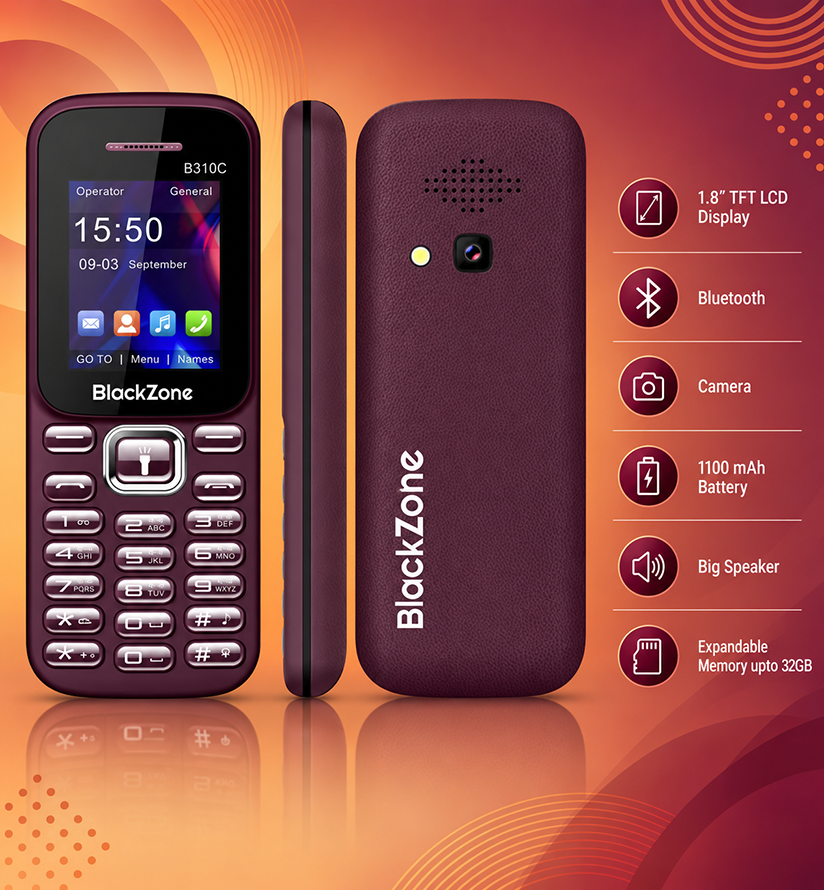 BlackZone B310C | 1.8 Inch TFT LCD Display | Bluetooth | Dual SIM | Camera | Real Mp3 & Mp4 Player | 1100 mAh Battery | Expandable Memory upto 32GB