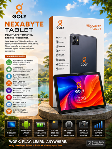 GOLY Nexabyte Tablet 10.1 Inch HD Display, 6GB RAM + 64GB ROM, 7000mAh Battery, Android 13, Octa-Core Processor, 4G, Face Unlock, Dual Camera