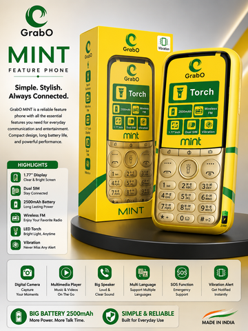 GrabO MINT | Dual SIM Keypad Mobile | 2500mAh Battery | Wireless FM | Torch | Auto Call Recording | 1.77″ Display | Music/MP3 Player | Made in India