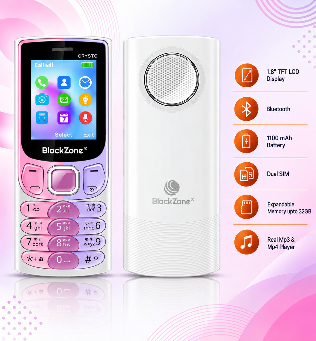 BlackZone CRYSTO | 1.8 Inch TFT LCD Display | Bluetooth | Dual SIM | Real Mp3 & Mp4 Player | 3.5 mm Audio Jack | Expandable Memory upto 32GB