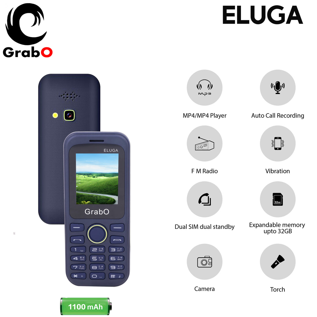 GRABO ELUGA 1.8 Inch Display with 1000mAh Battery