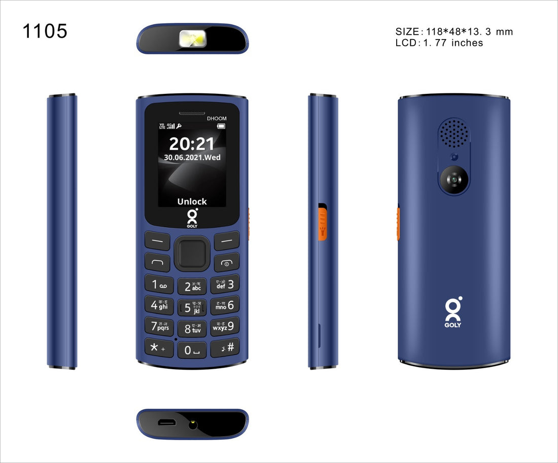 GOLY DHOOM 1.77" Display Feature Phone, 1100mAh Big Battery with Dual SIM 2G Network Phone