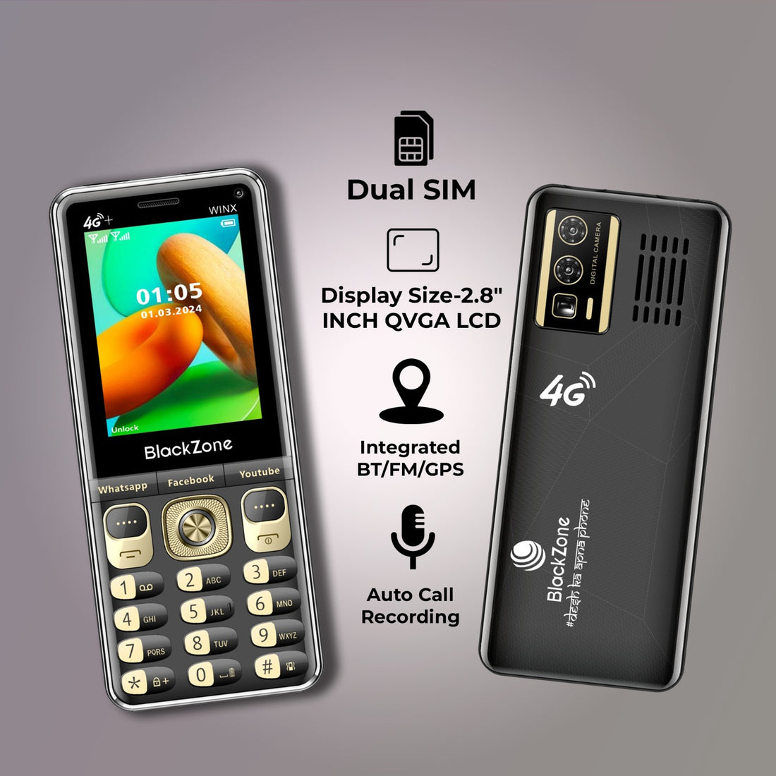 Blackzone Winx 4G+ | Dual Mode Phone (Touchscreen + Keypad) | 4G Dual SIM | Long Battery | Stylish Feature Phone