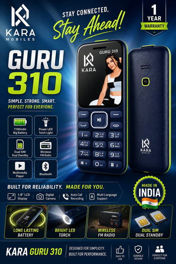 KARA Guru 310 | Stylish 1.8" Feature Phone with Dual SIM, Wireless FM & Auto Call Recording