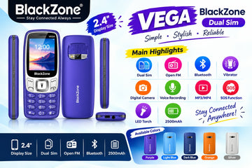 BLACKZONE VEGA 2.4 Inch Dual SIM Feature Phone | 2500mAh Battery, Bluetooth, FM, MP3/MP4, SOS & LED Torch